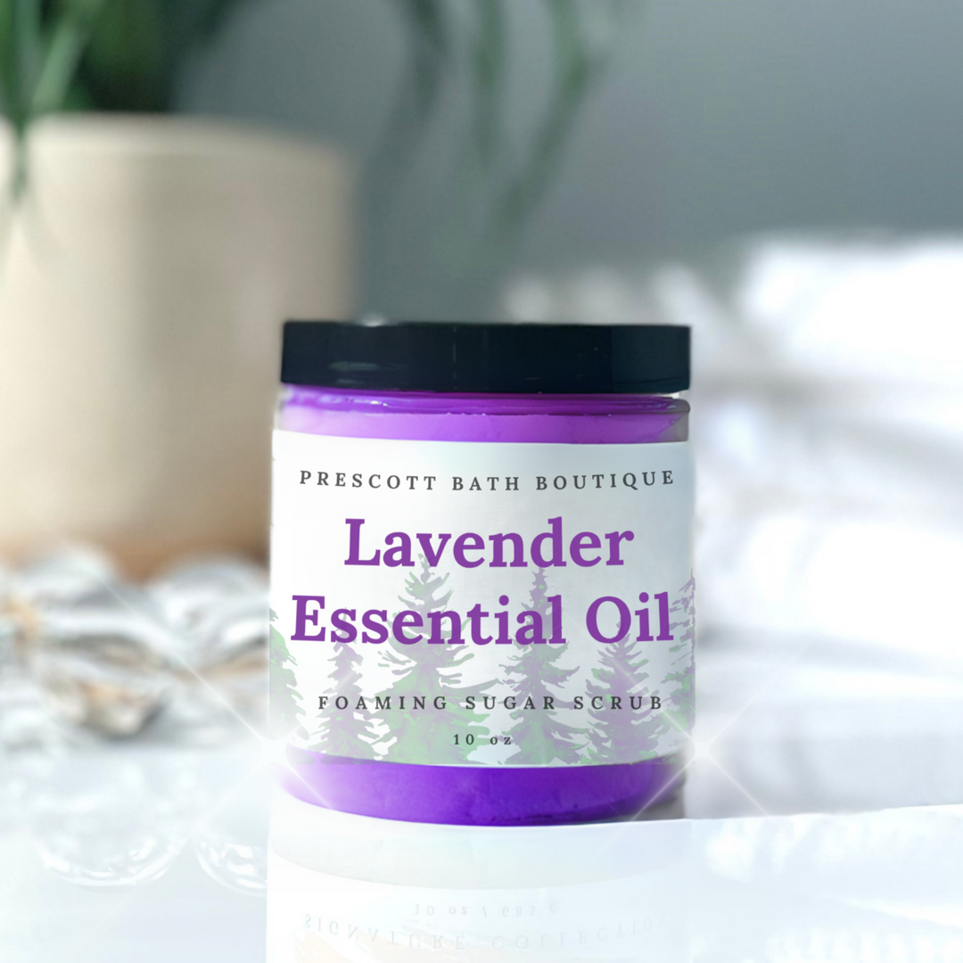 Jar of lavender essential oil product with a purple label on a white surface.